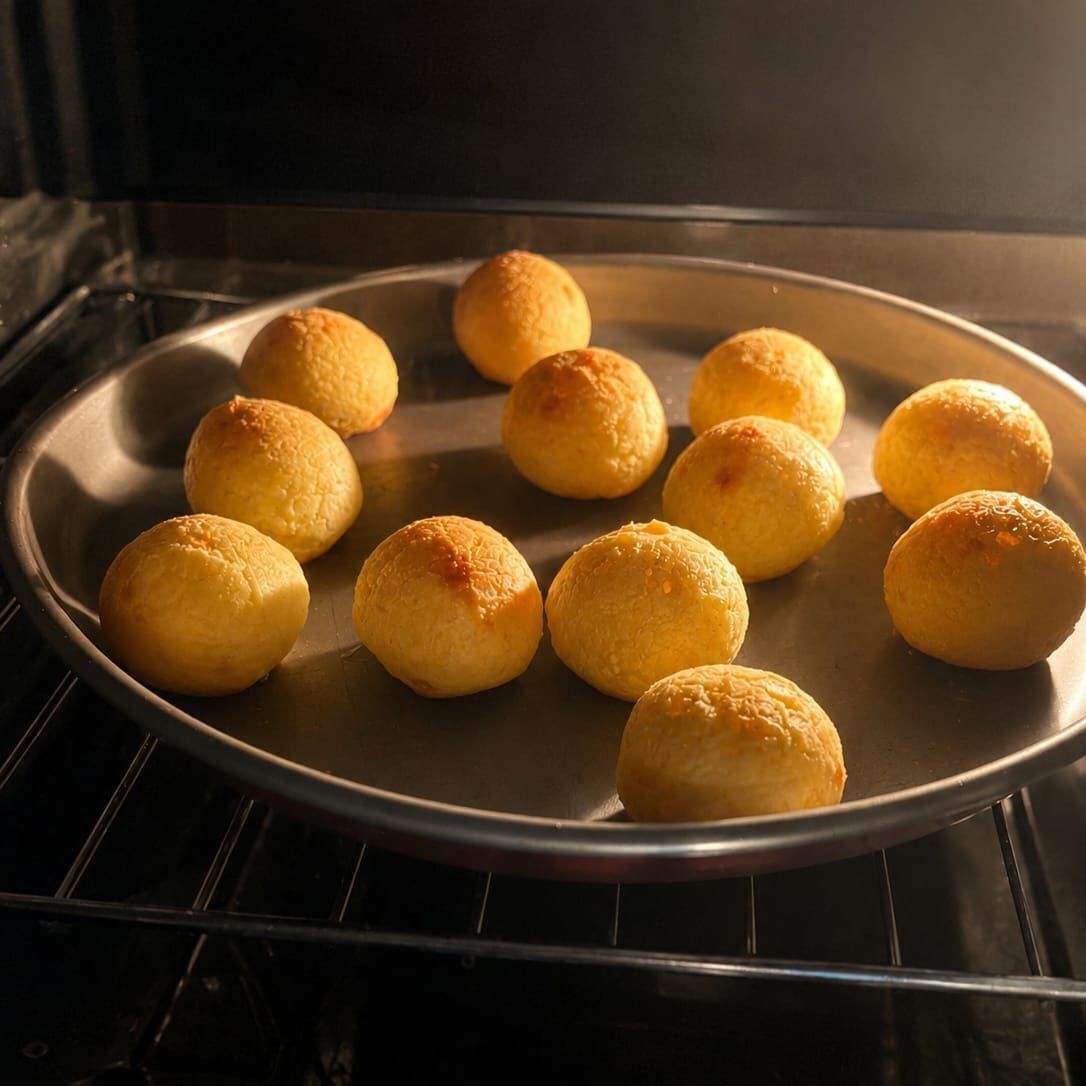 Assadeira de pães de queijo dourando dentro do forno